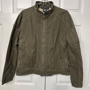 Vtg Kuhl Burr Jacket Women’s Lg Olive Vintage Patina Dye Canvas Moto Full Zip